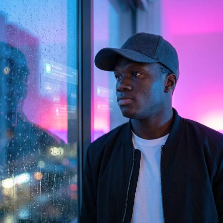 Portrait of Taiwo Atlas, backlit by neon signage through a rain-streaked window
